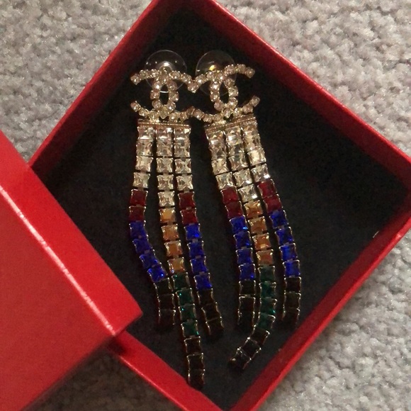 Authentic Chanel 13K CC Multicolor Crystal Drop Earrings - Picture 3 of 4